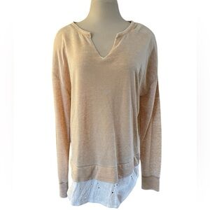 DEMOCRACY Beige White Distressed Longsleeve Pullover Top Casual Size LARGE‎